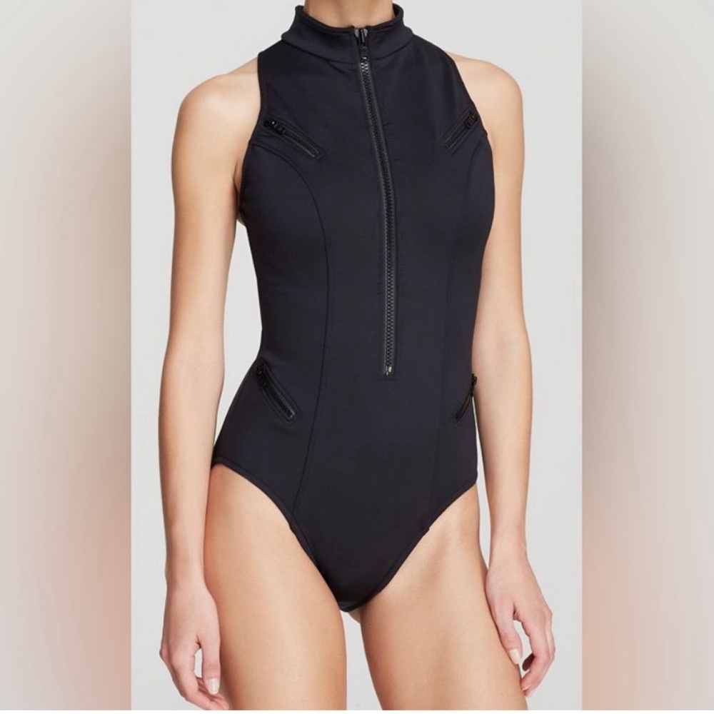 MAGICSUIT By MIRACLESUIT Women's Blue High Neck Zip One Piece Sz 10